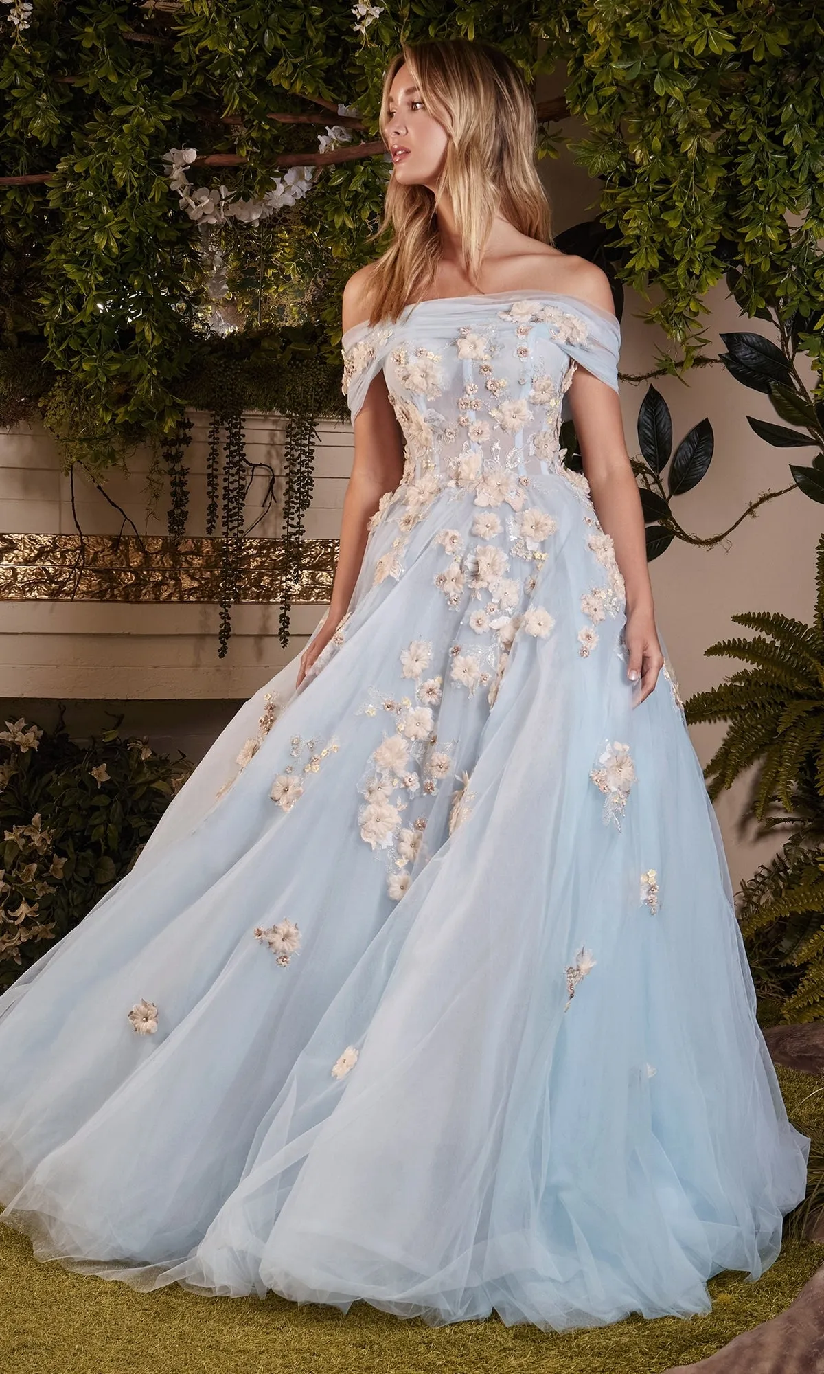 Off-Shoulder Long Blue Floral Prom Ball Gown A1048 sold by PromGirl product image thumbnail 4
