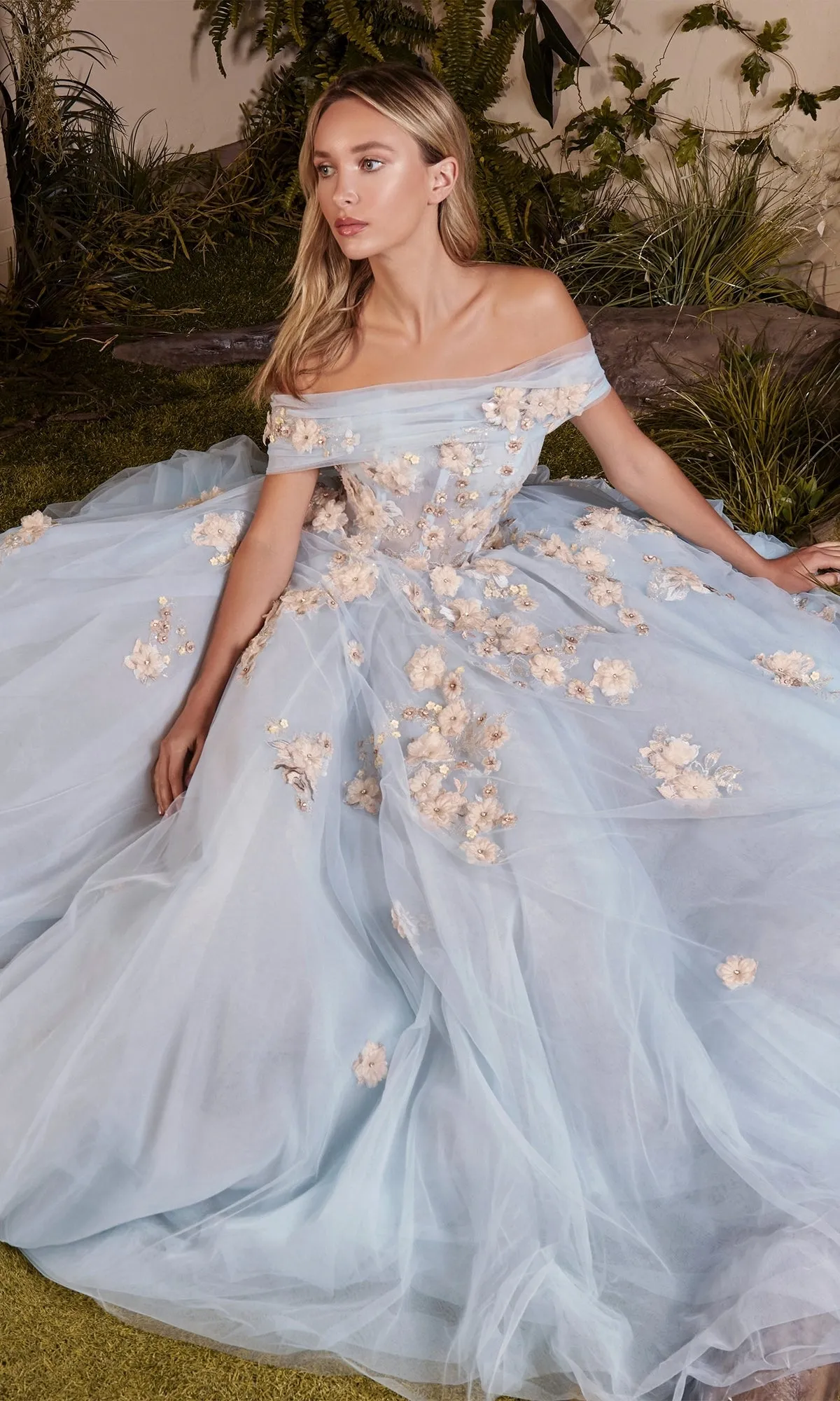 Off-Shoulder Long Blue Floral Prom Ball Gown A1048 sold by PromGirl product image thumbnail 3