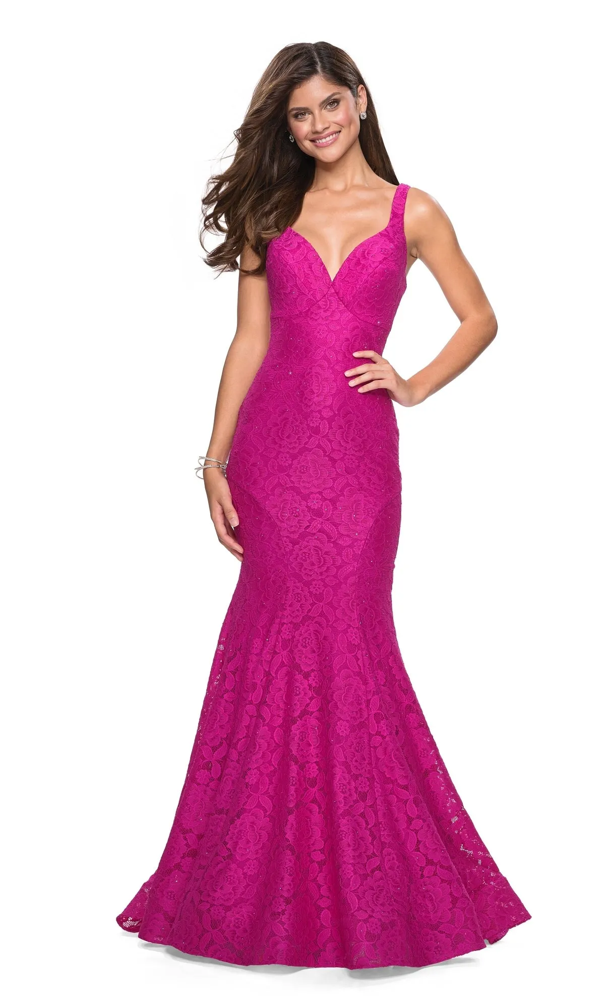 Open-Back Lace Mermaid Prom Dress: La Femme 27623 sold by PromGirl