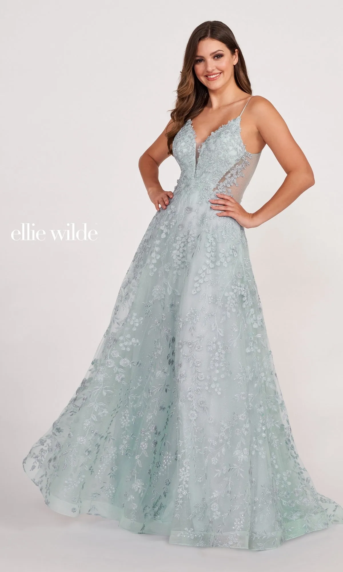 Ellie Wilde Sheer-Sides Beaded Long Prom Dress sold by PromGirl product image thumbnail 5