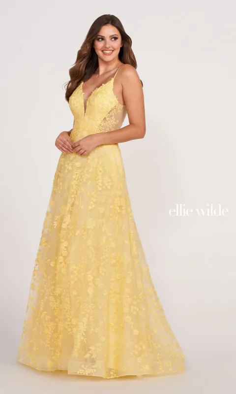 Ellie Wilde Sheer-Sides Beaded Long Prom Dress sold by PromGirl
