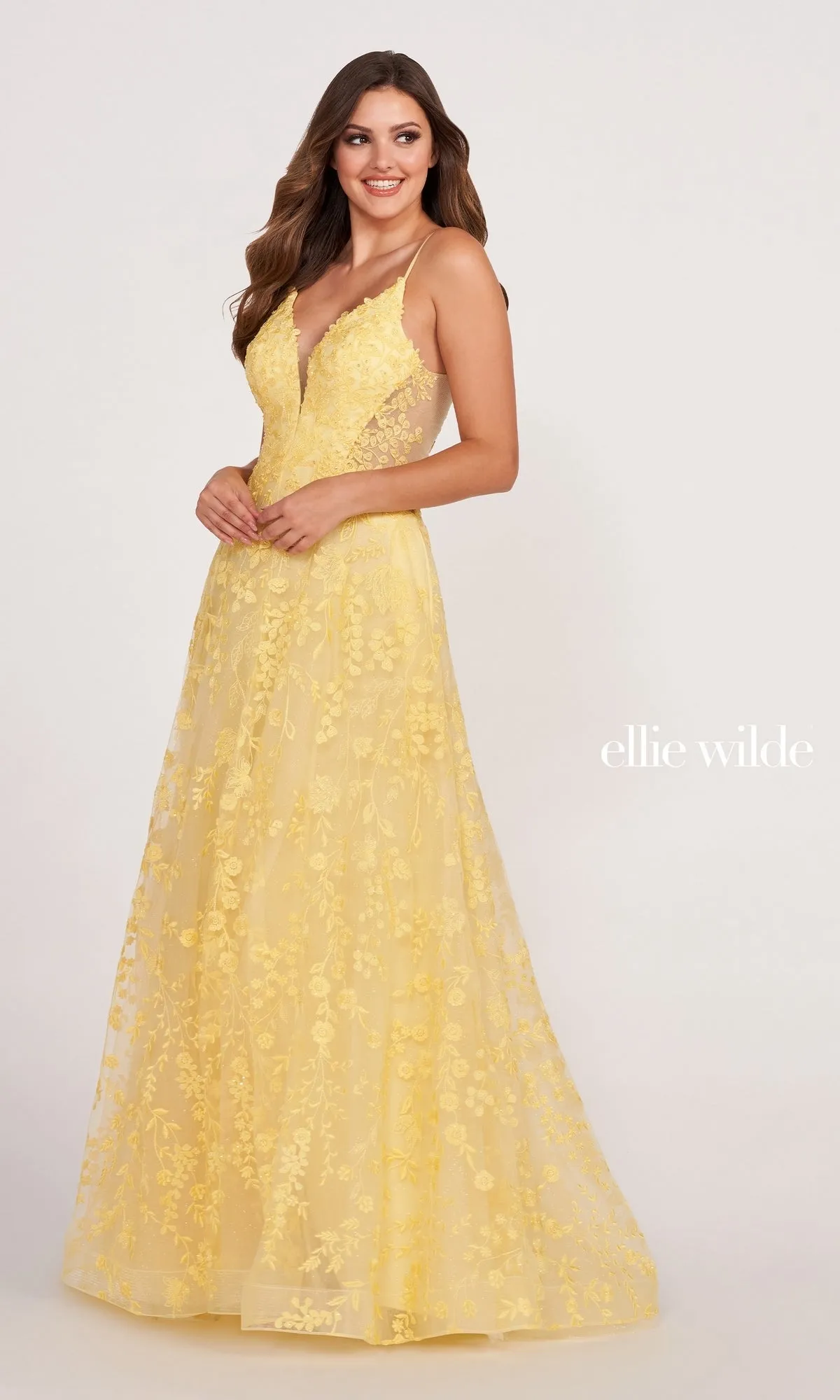 Ellie Wilde Sheer-Sides Beaded Long Prom Dress sold by PromGirl