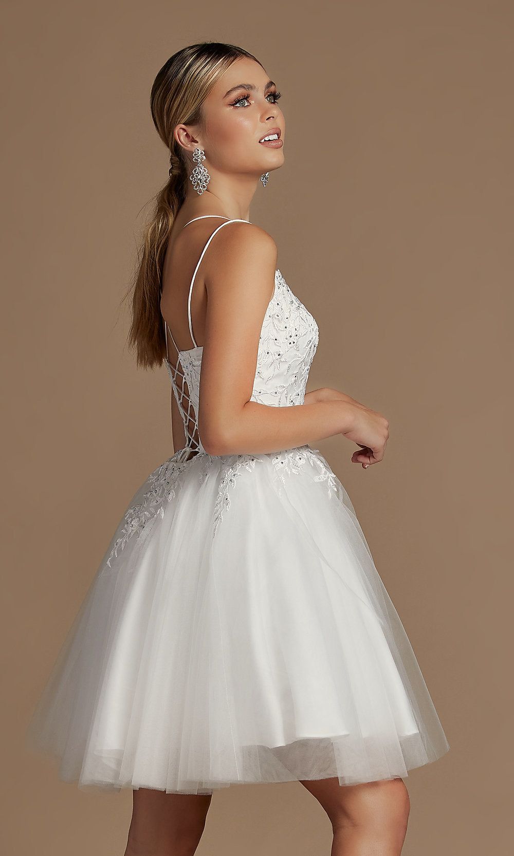 Short Embroidered Corset-Back Homecoming Dress sold by PromGirl product image thumbnail 2
