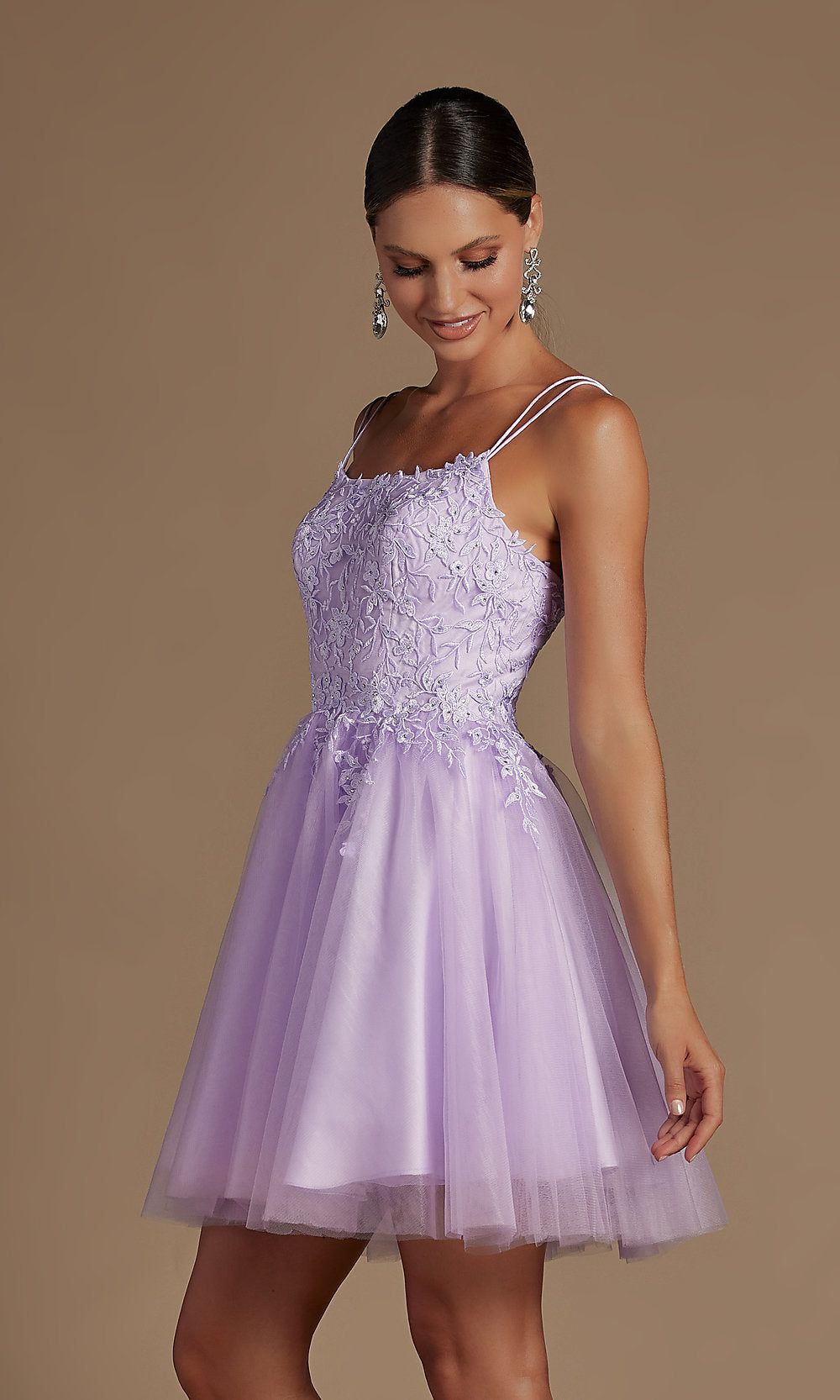 Short Embroidered Corset-Back Homecoming Dress sold by PromGirl