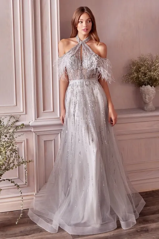 Feathered Long Silver Beaded Prom Dress A1023 sold by PromGirl