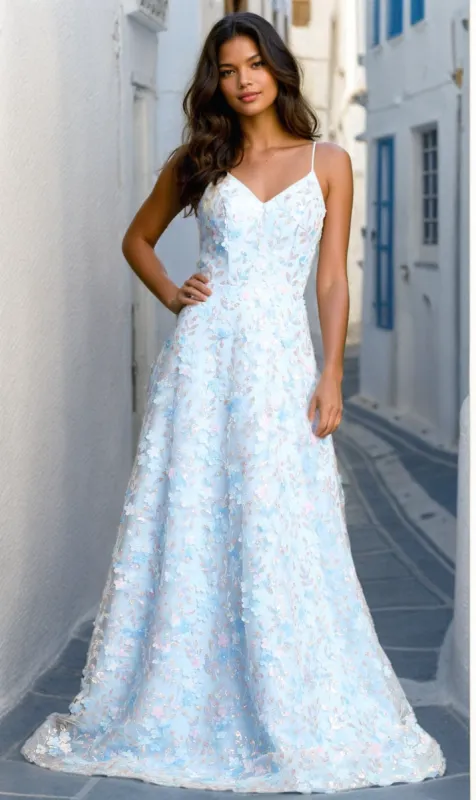 Long Light Blue Floral Prom Dress: Chicas CHF3092 sold by PromGirl