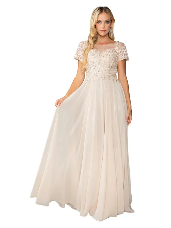 Short Sleeve Long Prom Dress: Dancing Queen 4433 sold by PromGirl