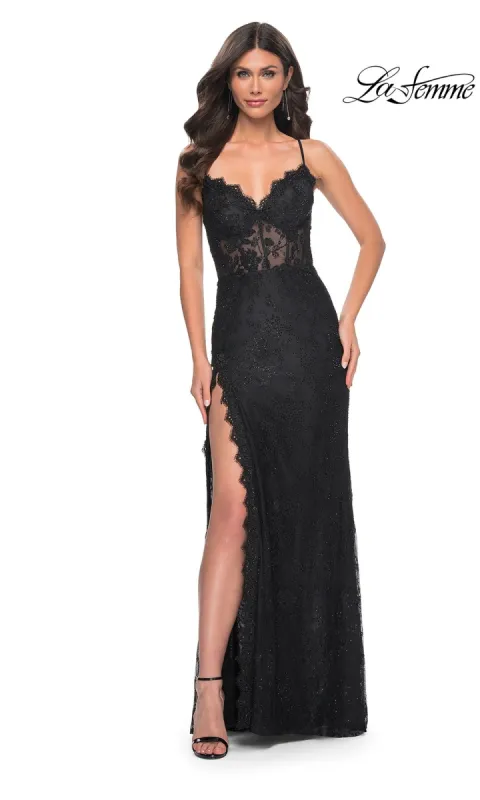 La Femme Scallop-Trim Long Lace Prom Dress 32080 sold by PromGirl