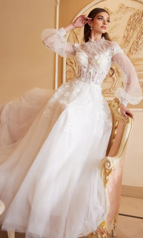 Sheer-Sleeve White Wedding Dress A1074W sold by PromGirl