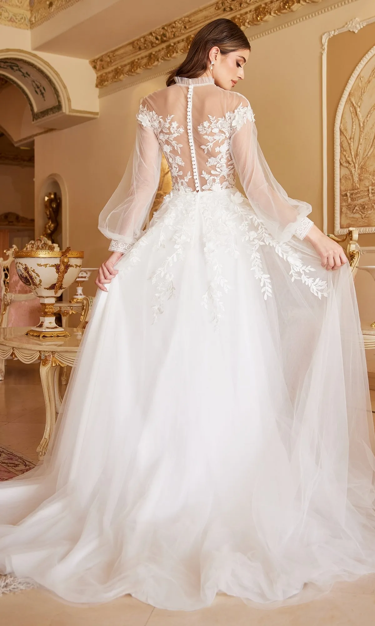 Sheer-Sleeve White Wedding Dress A1074W sold by PromGirl product image thumbnail 3