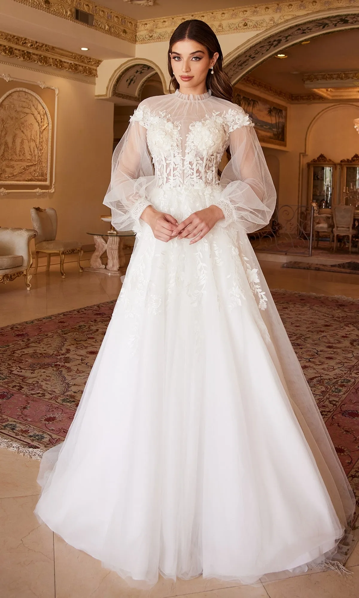Sheer-Sleeve White Wedding Dress A1074W sold by PromGirl product image thumbnail 4