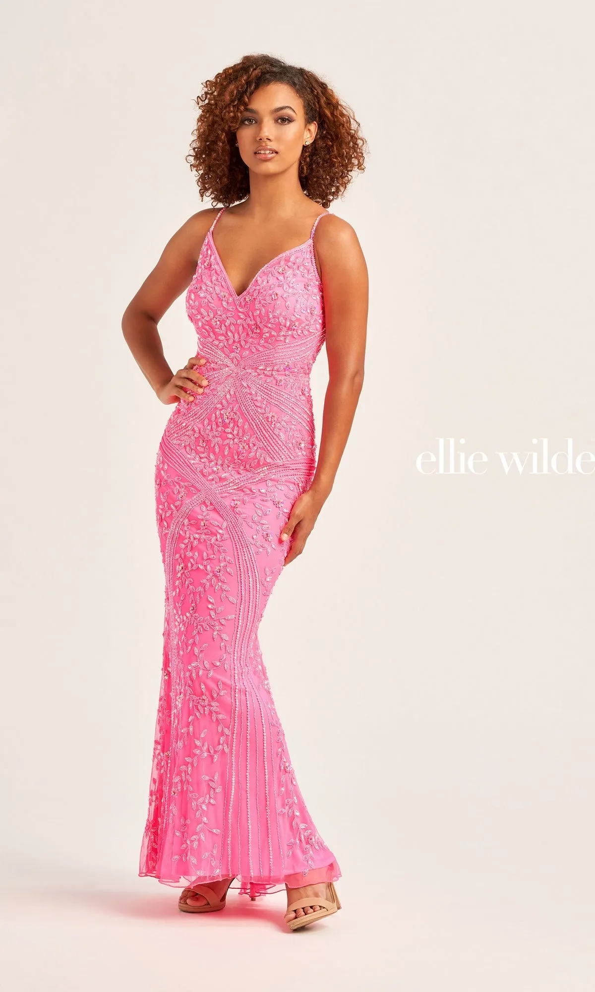 Long Beaded Ellie Wilde V-Neck Prom Dress EW35065 sold by PromGirl