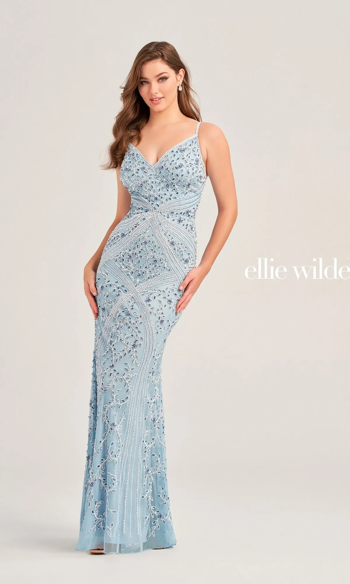 Long Beaded Ellie Wilde V-Neck Prom Dress EW35065 sold by PromGirl product image thumbnail 3