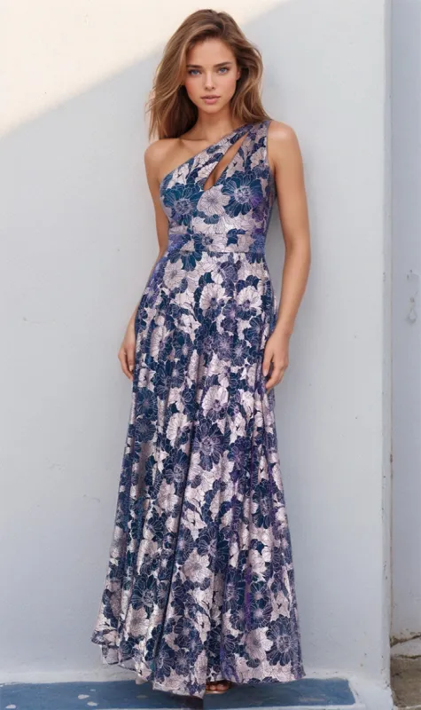 One-Shoulder Floral-Print Long Formal Dress A25113 sold by PromGirl
