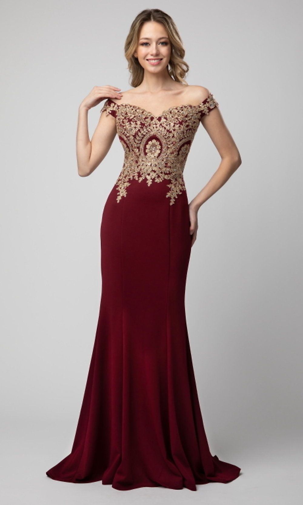 Long Off-the-Shoulder Prom Dress with Embroidery sold by PromGirl