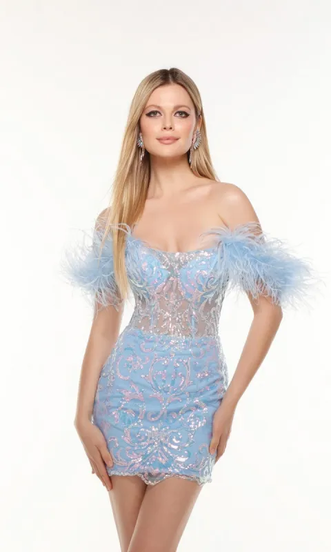 Sheer-Bodice Feather Off-Shoulder Party Dress 4512 sold by PromGirl
