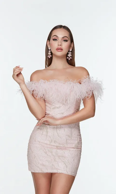 Feather Off-the-Shoulder Short Party Dress 4500 sold by PromGirl