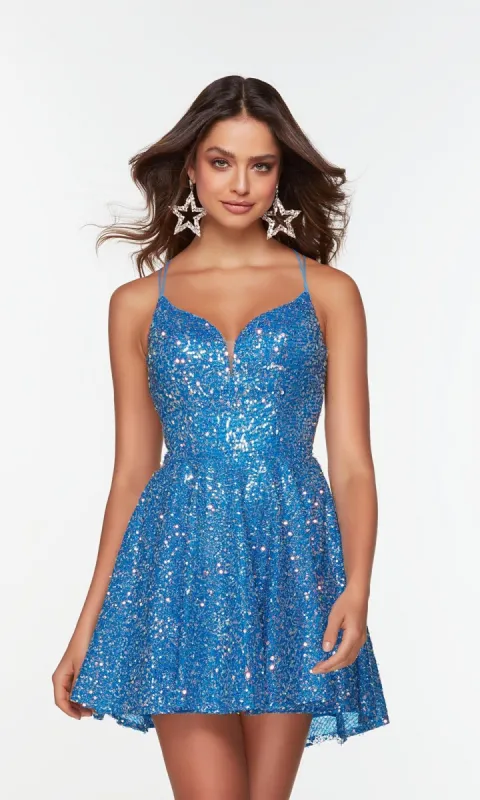 Open-Back Short Blue Sequin Homecoming Dress 3109 sold by PromGirl