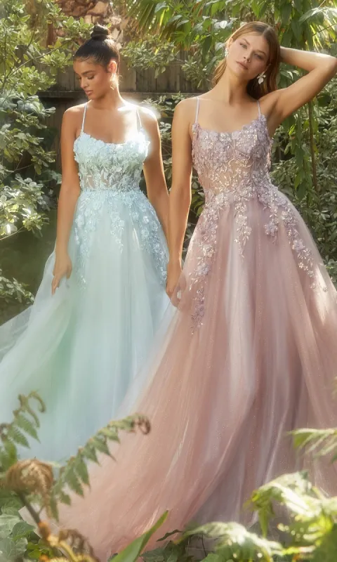 Flower-Embellished Long Tulle Prom Ball Gown CLA1142 sold by PromGirl