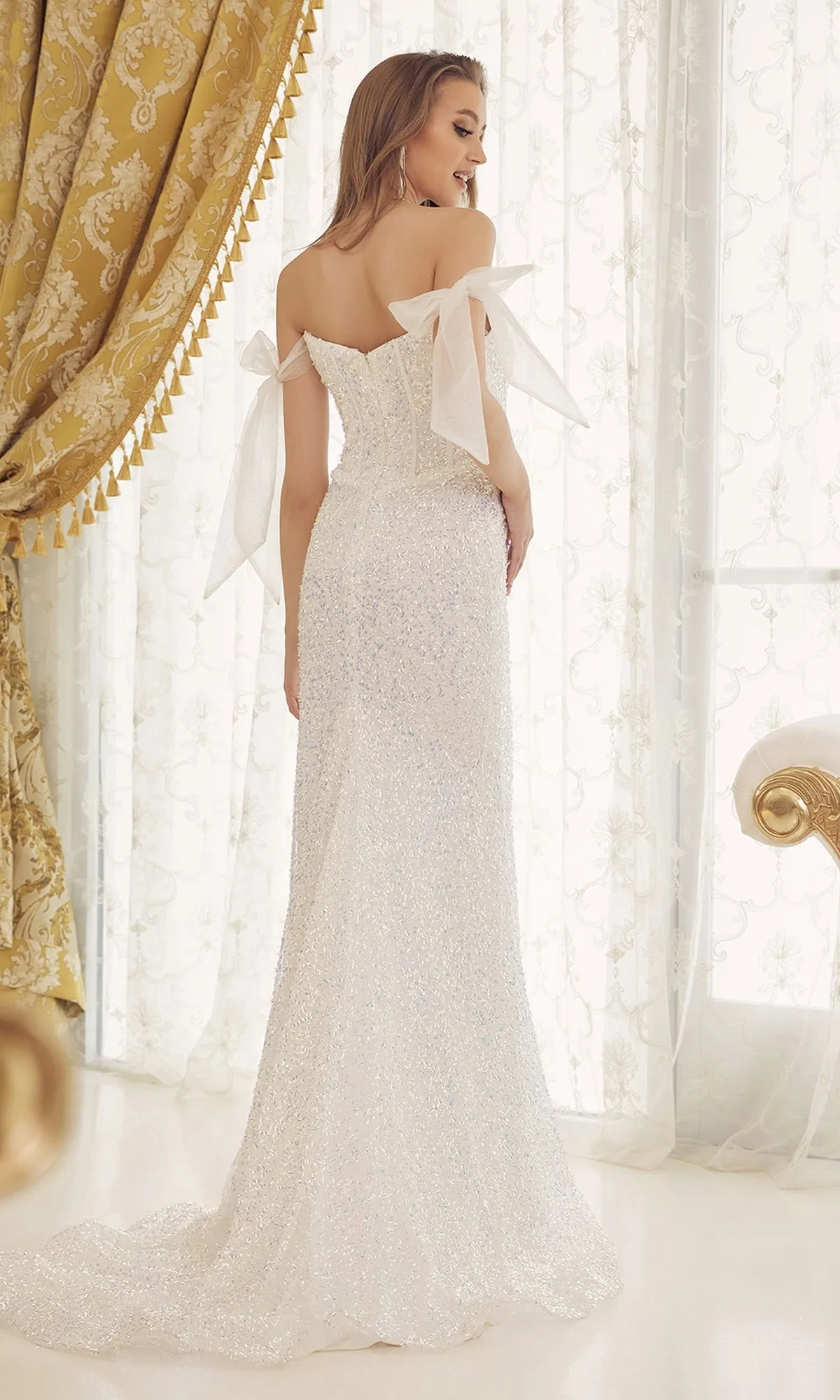 Long White Sequin Formal Dress with Bow Sleeves sold by PromGirl product image thumbnail 2