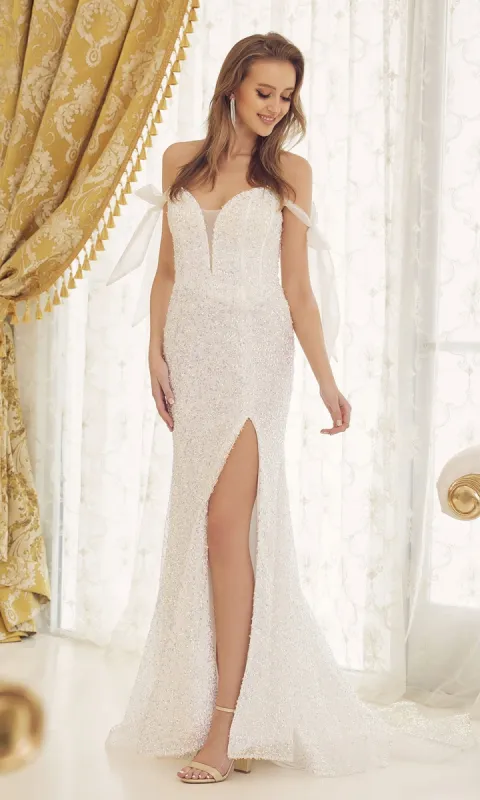 Long White Sequin Formal Dress with Bow Sleeves sold by PromGirl