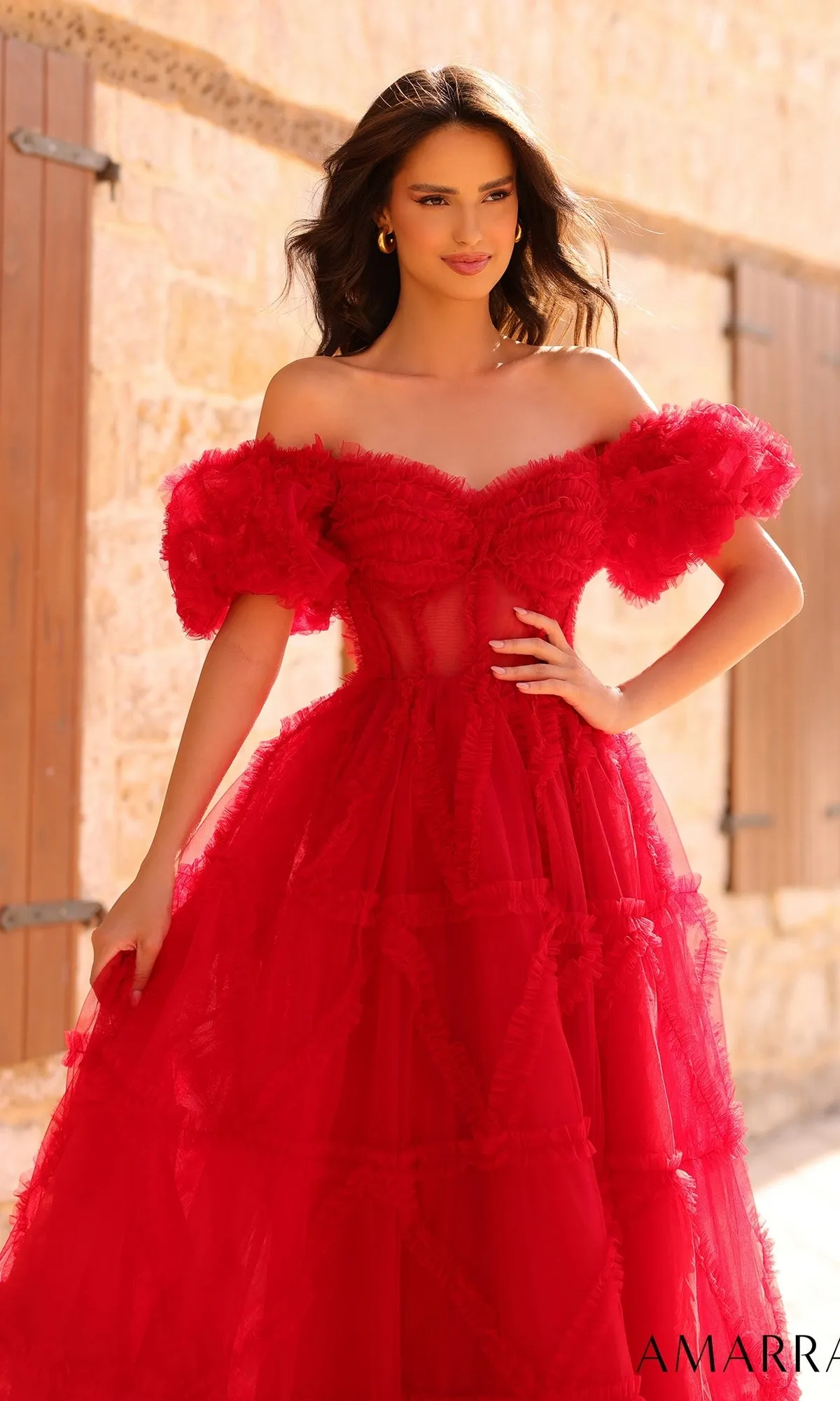 Amarra Puff-Sleeve Long Ruffled Prom Dress 94002 sold by PromGirl product image thumbnail 3