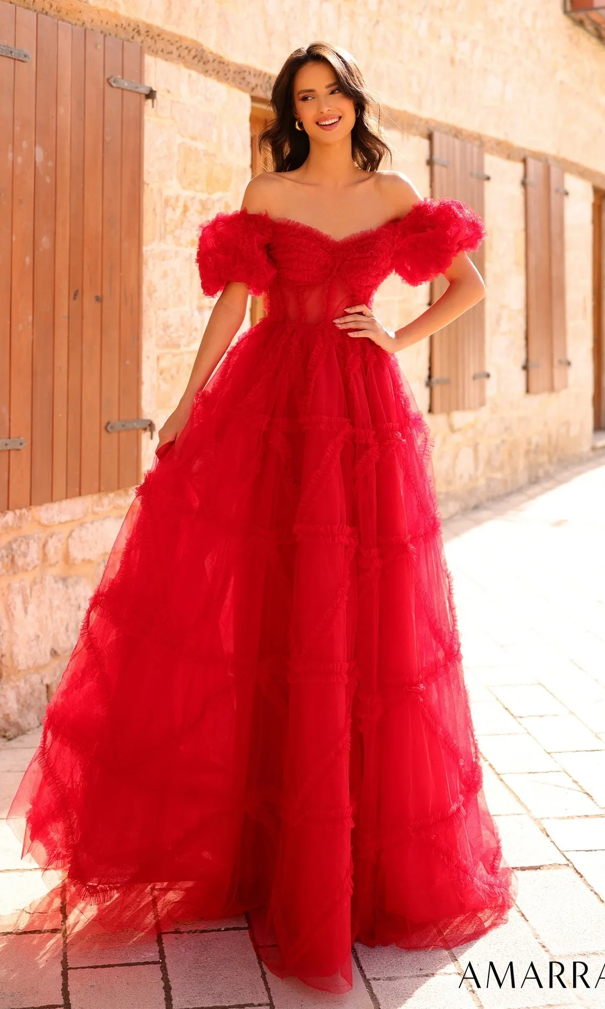 Amarra Puff-Sleeve Long Ruffled Prom Dress 94002 sold by PromGirl