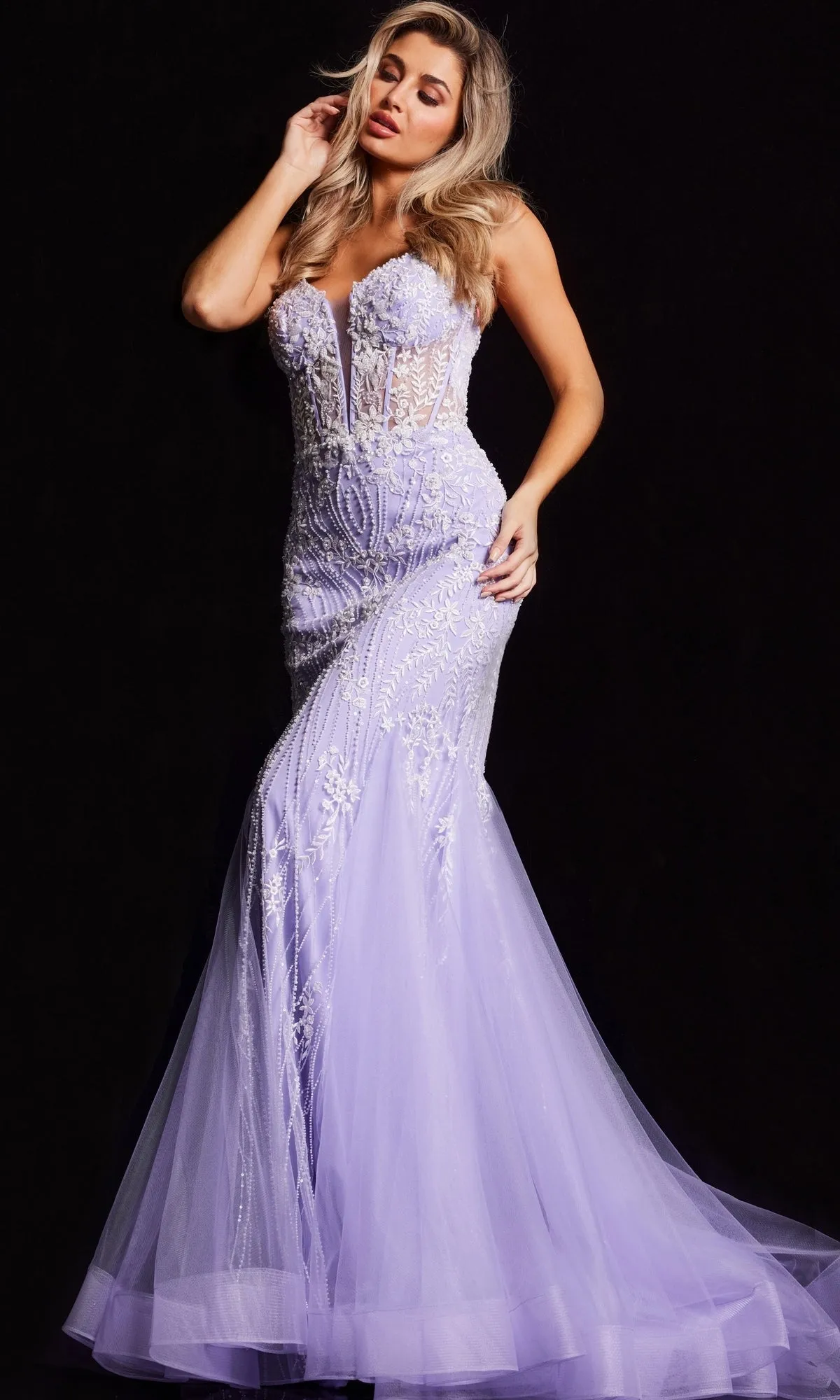 Sheer-Corset Long Mermaid Prom Dress: Jovani 37414 sold by PromGirl
