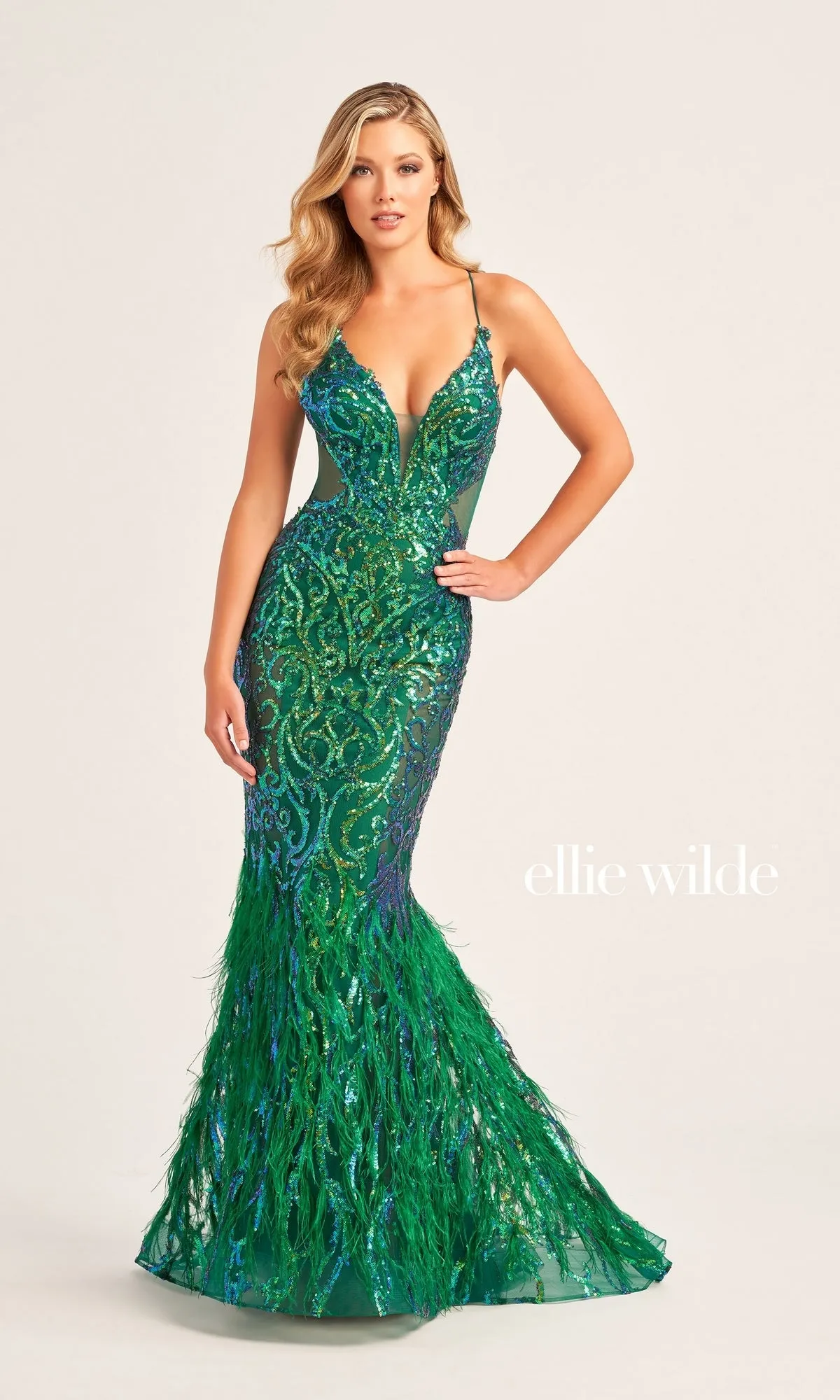 Ellie Wilde Long Feathered Prom Dress EW35006 sold by PromGirl product image thumbnail 4