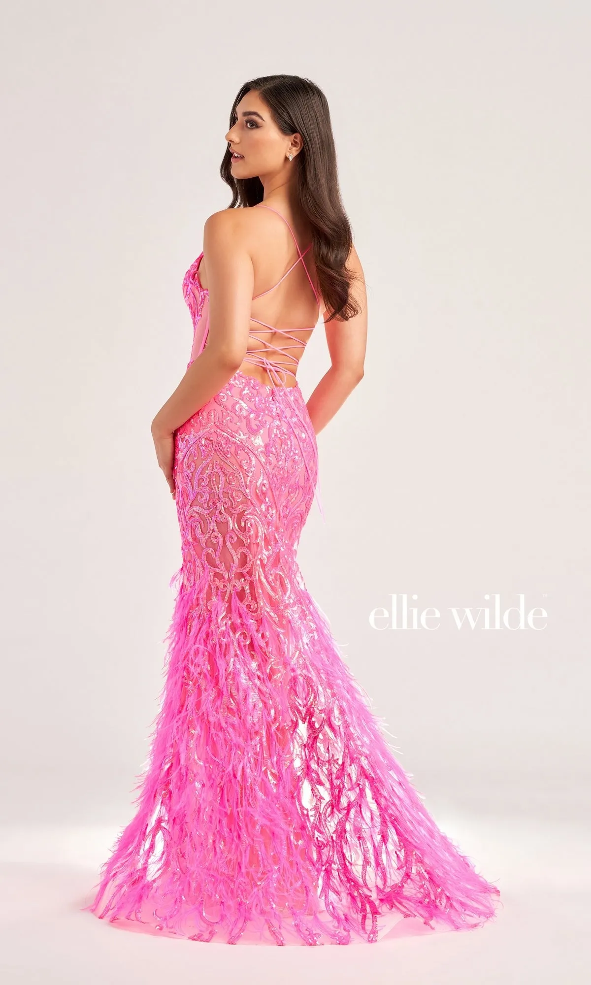 Ellie Wilde Long Feathered Prom Dress EW35006 sold by PromGirl product image thumbnail 2
