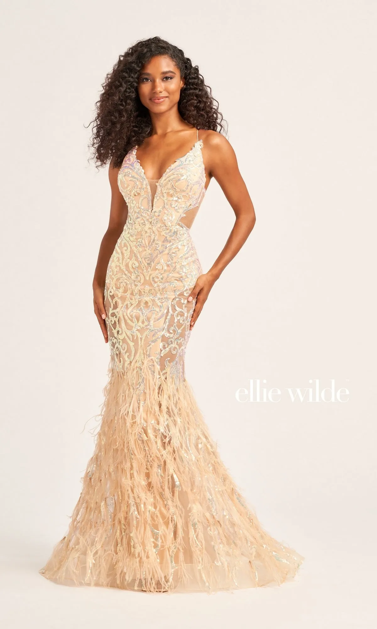 Ellie Wilde Long Feathered Prom Dress EW35006 sold by PromGirl product image thumbnail 3