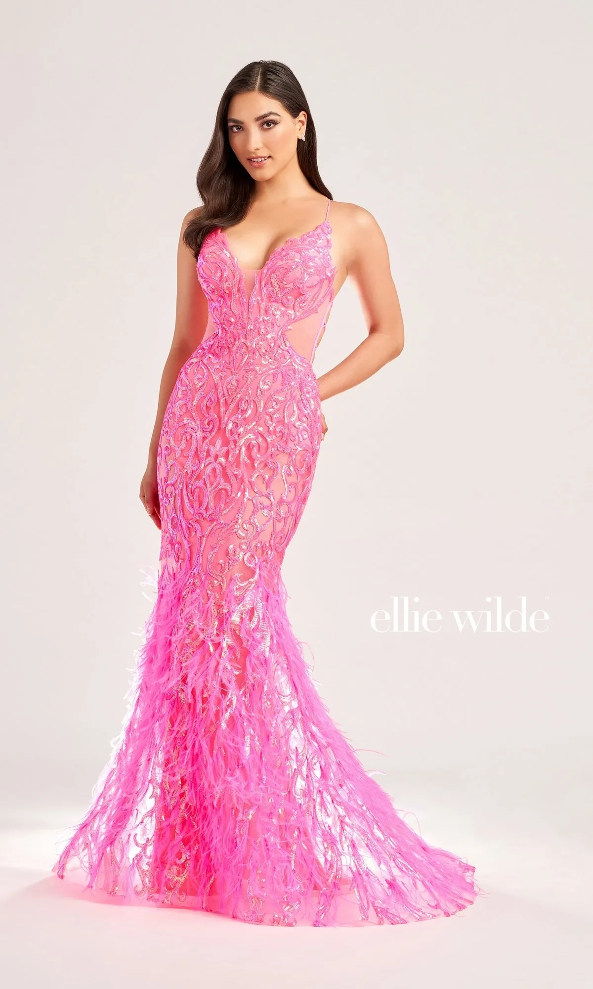 Ellie Wilde Long Feathered Prom Dress EW35006 sold by PromGirl