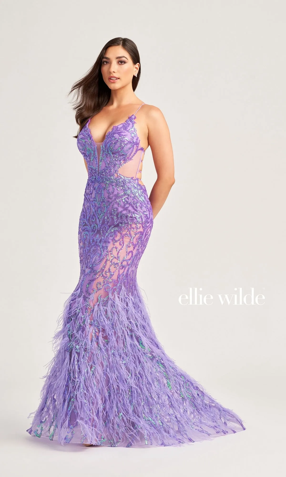 Ellie Wilde Long Feathered Prom Dress EW35006 sold by PromGirl product image thumbnail 5