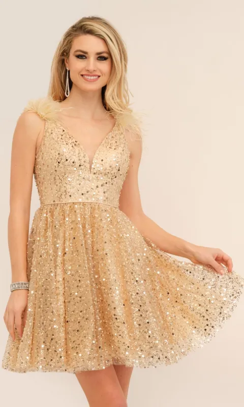 Dave and Johnny Short Gold Sequin Hoco Dress 11227 sold by PromGirl
