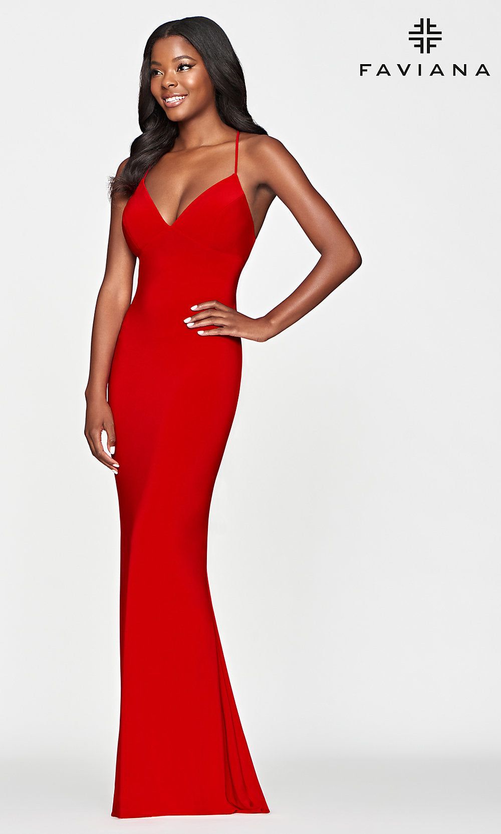 Faviana Red Long Simple Strappy-Back Prom Dress sold by PromGirl product image thumbnail 3