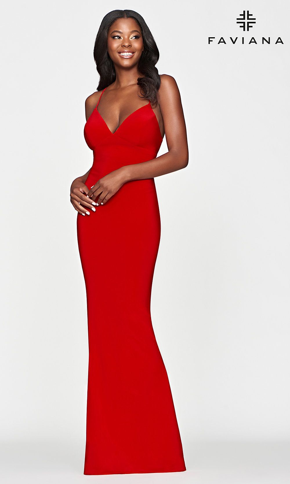 Faviana Red Long Simple Strappy-Back Prom Dress sold by PromGirl product image thumbnail 2