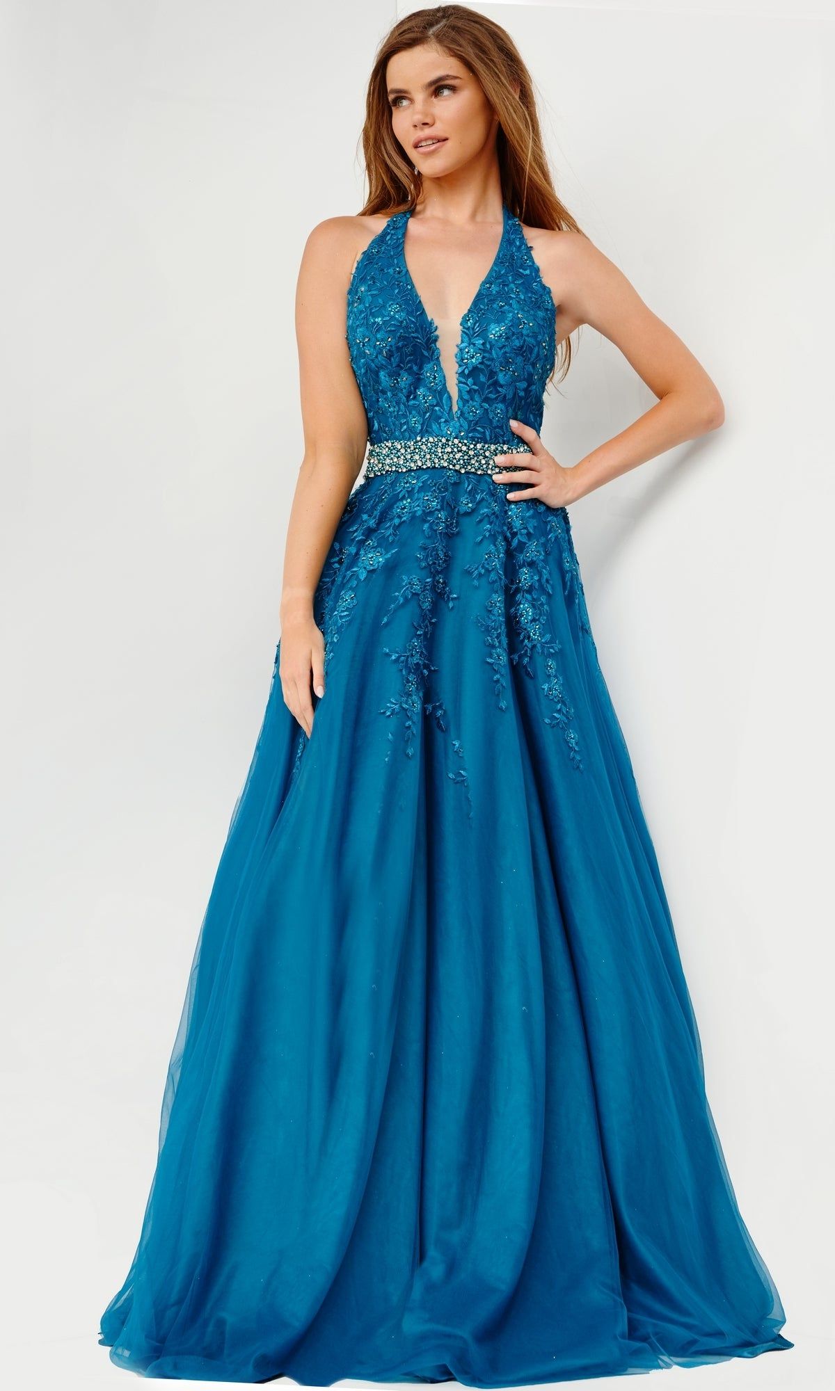 Beaded-Waist JVN by Jovani Halter Prom Dress 00923 sold by PromGirl product image thumbnail 4