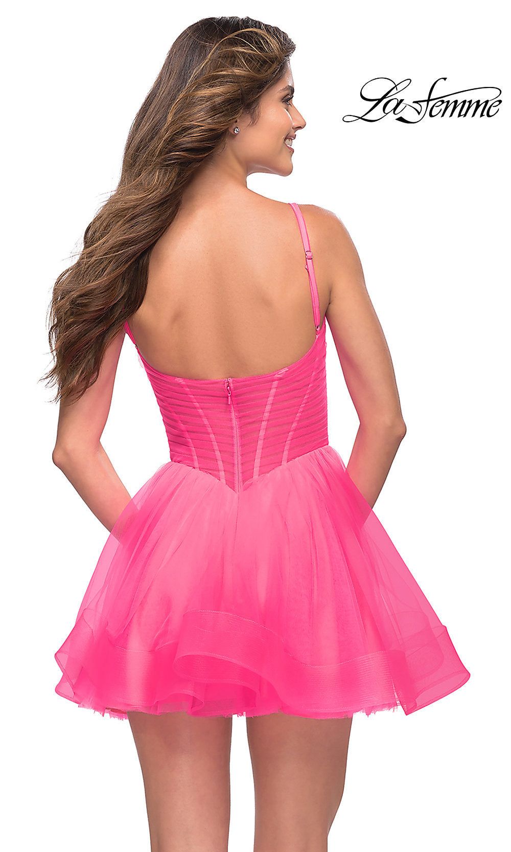 Bright Neon Pink Short La Femme Homecoming Dress sold by PromGirl product image thumbnail 2