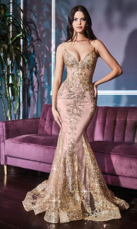 Glitter-Print Long V-Neck Mermaid Prom Dress J810A sold by PromGirl