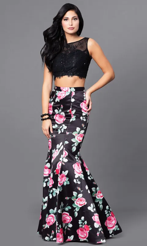 Two-Piece Long Black Prom Dress with Floral Print sold by PromGirl