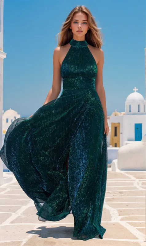 Empire-Waist High-Neck Long Shimmer Prom Dress A24948 sold by PromGirl