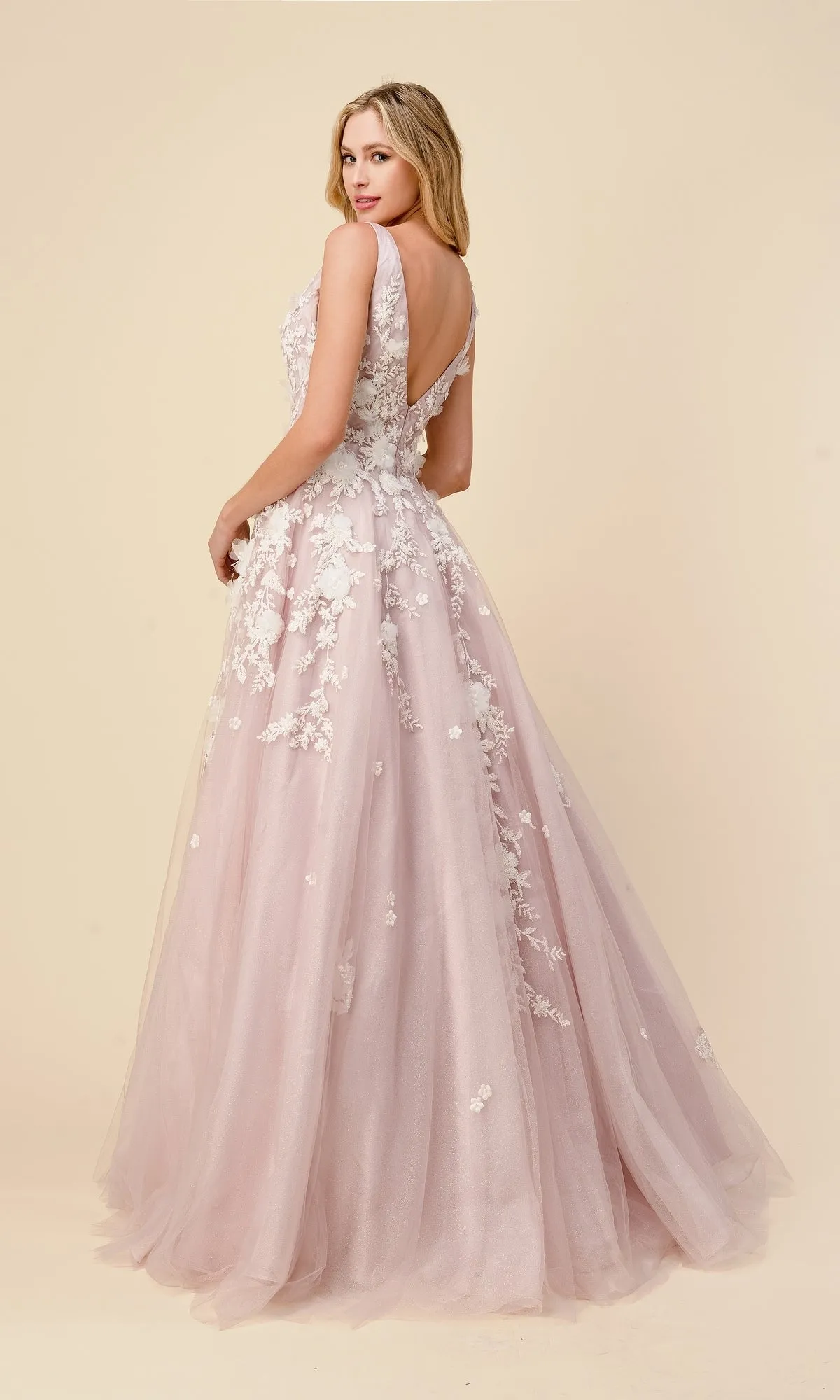 Plunging V-Neck Long Floral Prom Ball Gown A1028 sold by PromGirl product image thumbnail 2