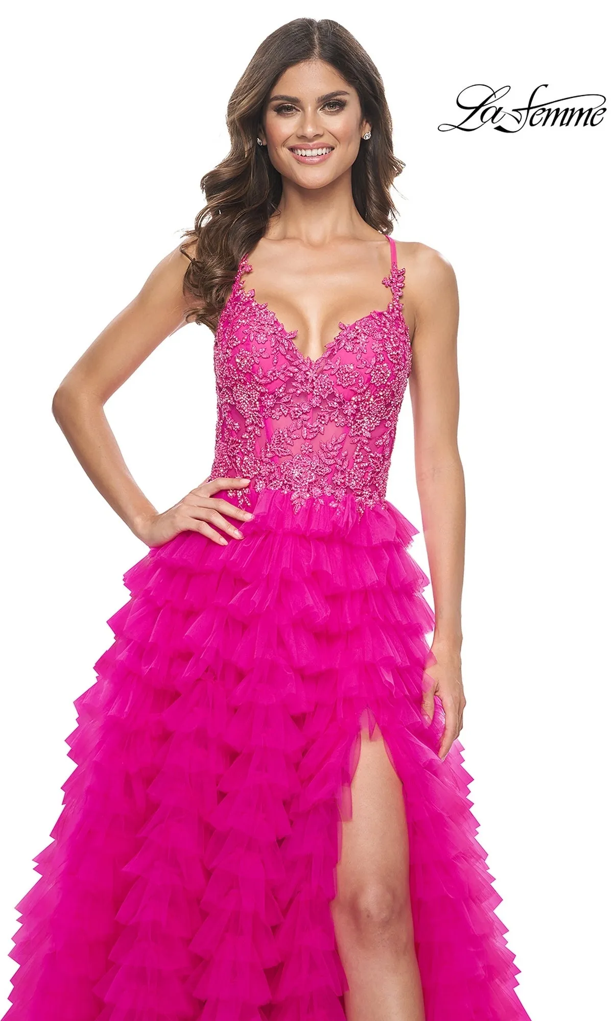 La Femme Hot Pink Long Ruffled Prom Dress 32334 sold by PromGirl product image thumbnail 3