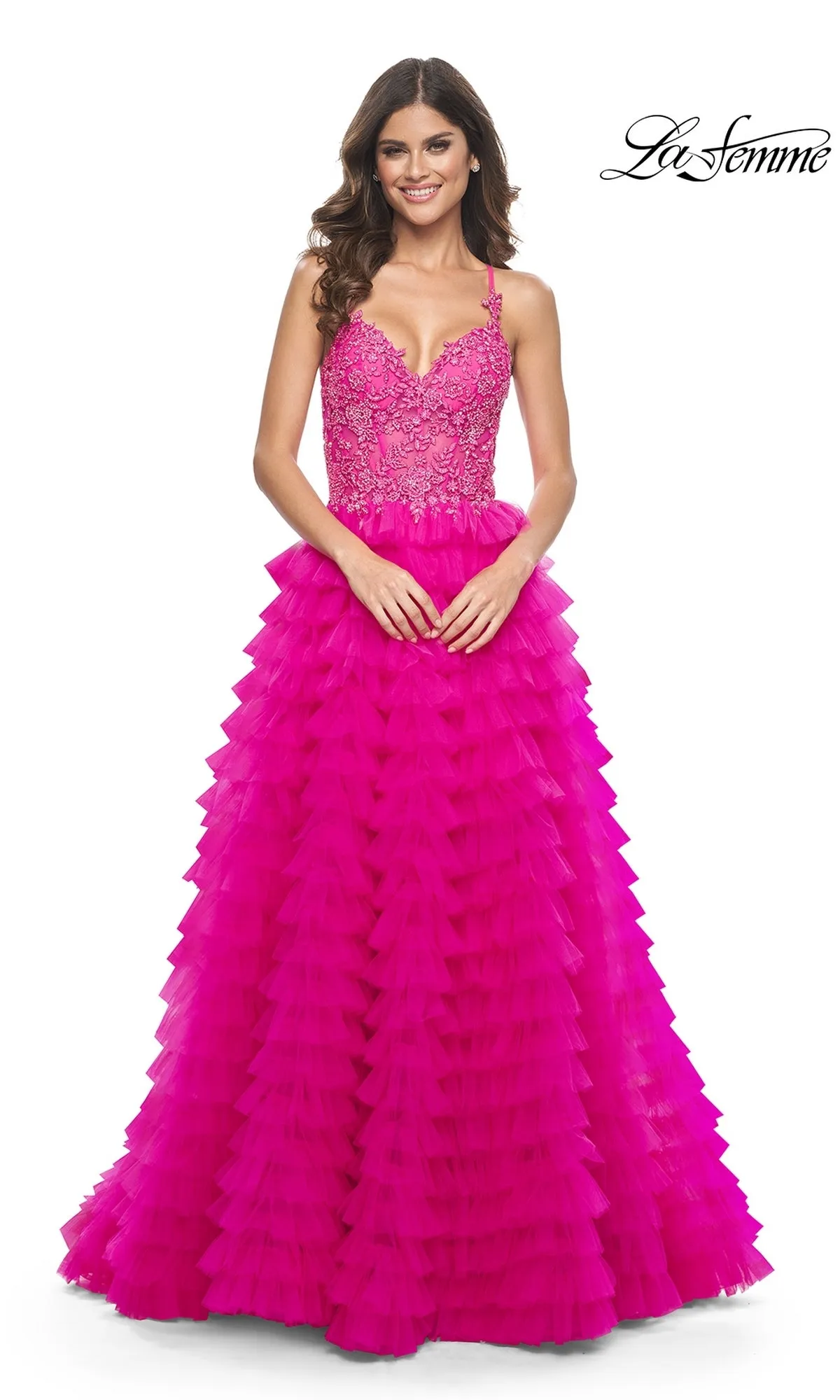 La Femme Hot Pink Long Ruffled Prom Dress 32334 sold by PromGirl product image thumbnail 2