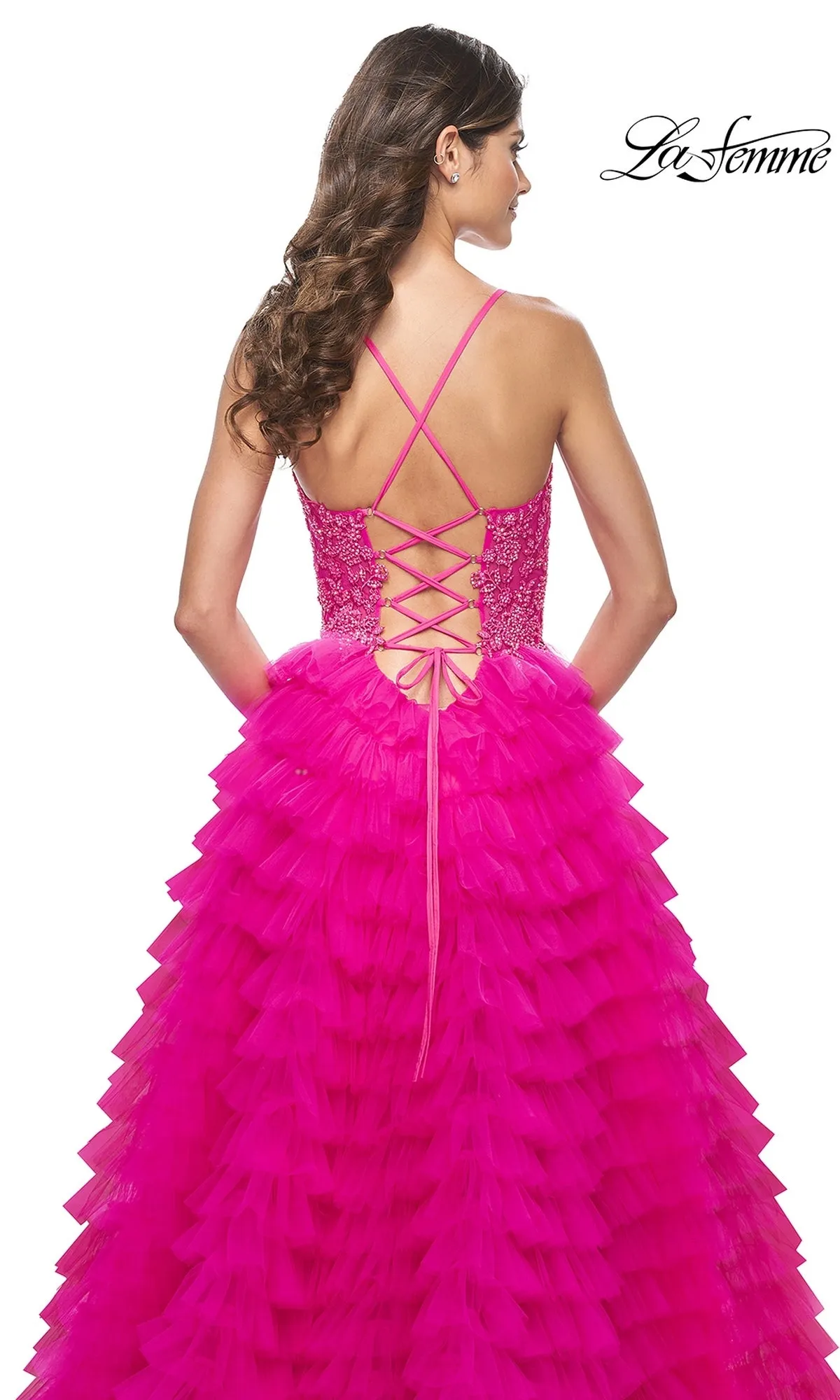 La Femme Hot Pink Long Ruffled Prom Dress 32334 sold by PromGirl product image thumbnail 5