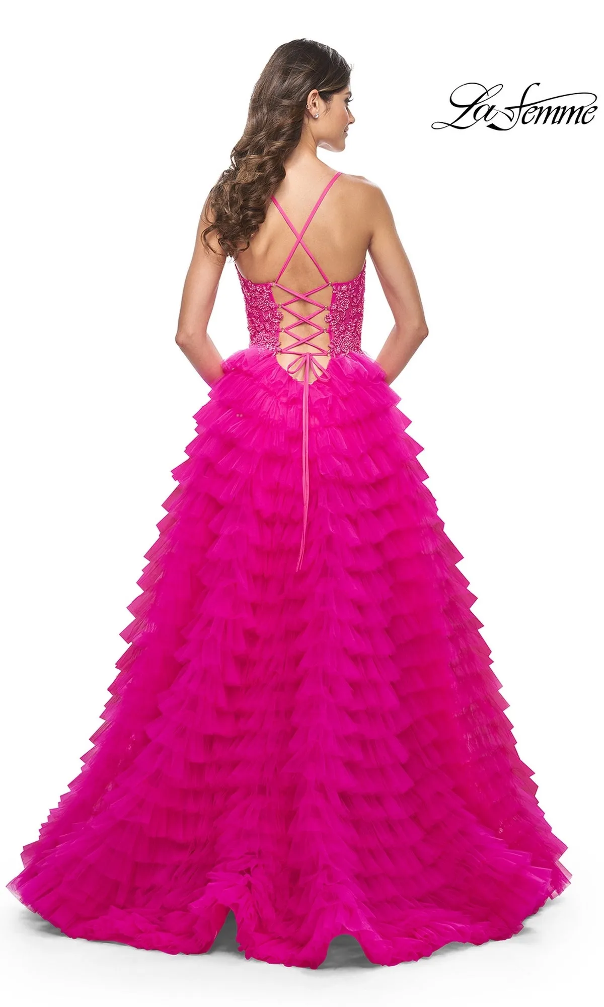 La Femme Hot Pink Long Ruffled Prom Dress 32334 sold by PromGirl product image thumbnail 4