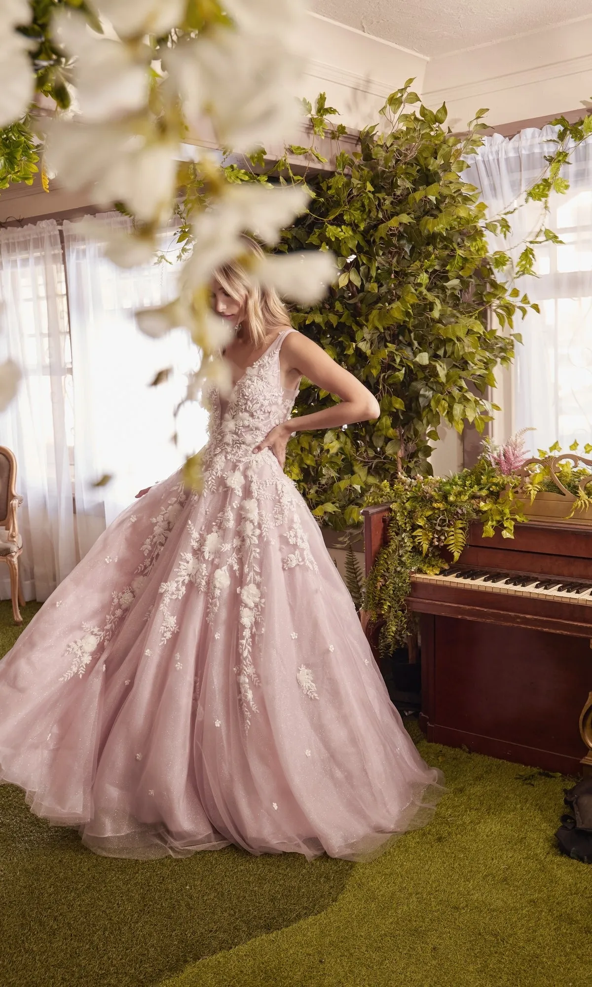 Plunging V-Neck Long Floral Prom Ball Gown A1028 sold by PromGirl product image thumbnail 3