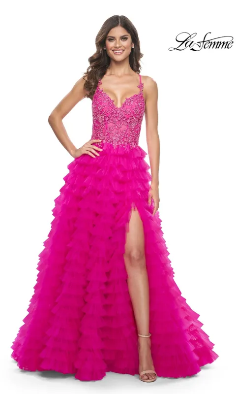 La Femme Hot Pink Long Ruffled Prom Dress 32334 sold by PromGirl