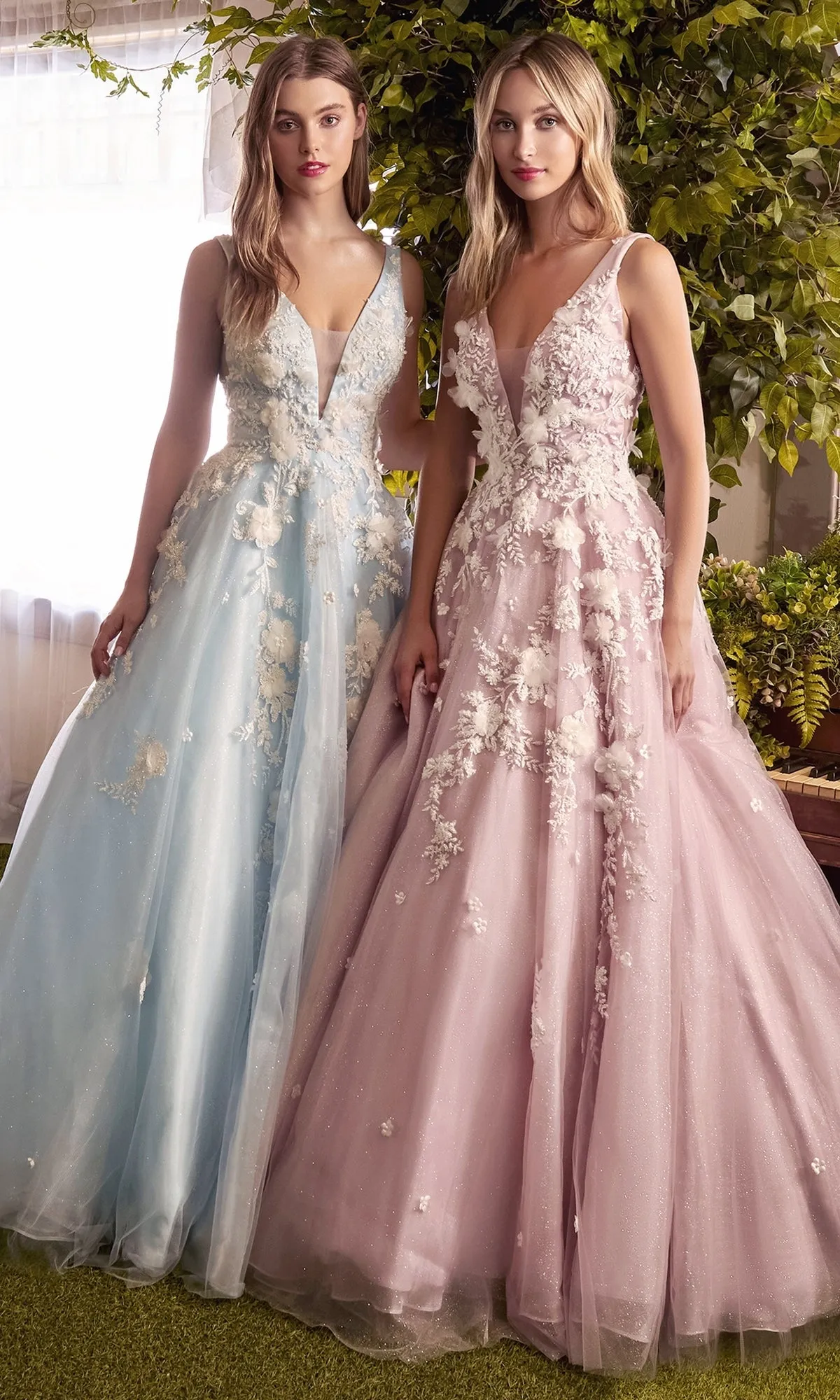 Plunging V-Neck Long Floral Prom Ball Gown A1028 sold by PromGirl