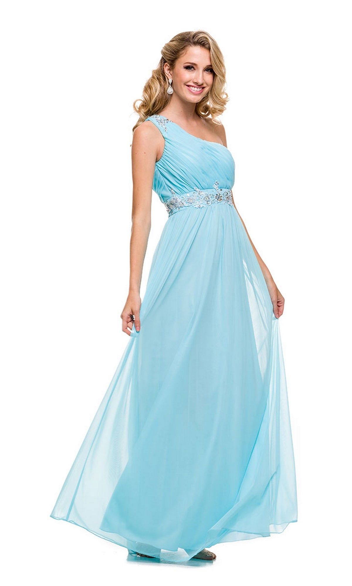 One-Shoulder Pleaded-Bodice Long Prom Dress sold by PromGirl